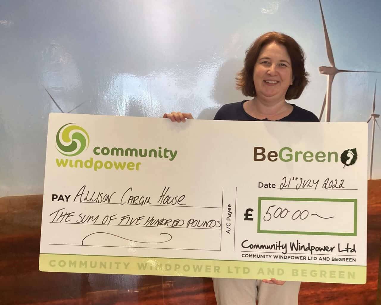 A cheque for £500 from Be Green